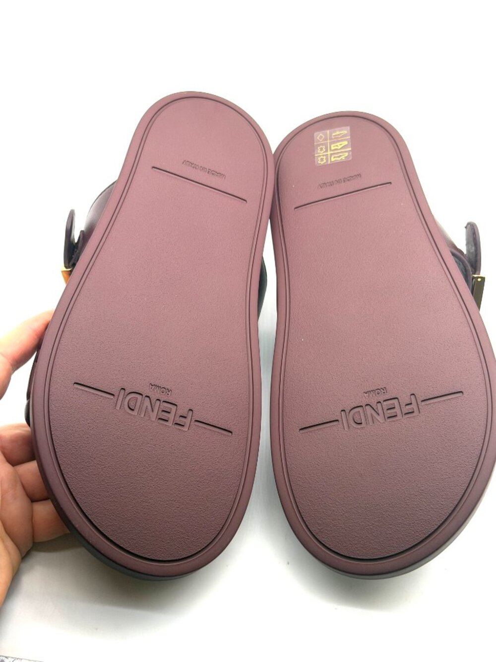 FENDI Feel FF Logo Double Band Flat Leather Slide Dad Sandals Shoes Plum - Picture 13 of 14